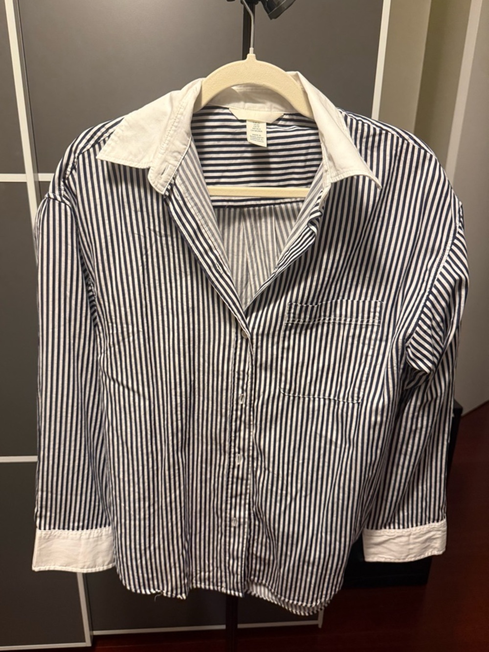 H&M Navy and White Striped Button-Down Shirt with White Collar
